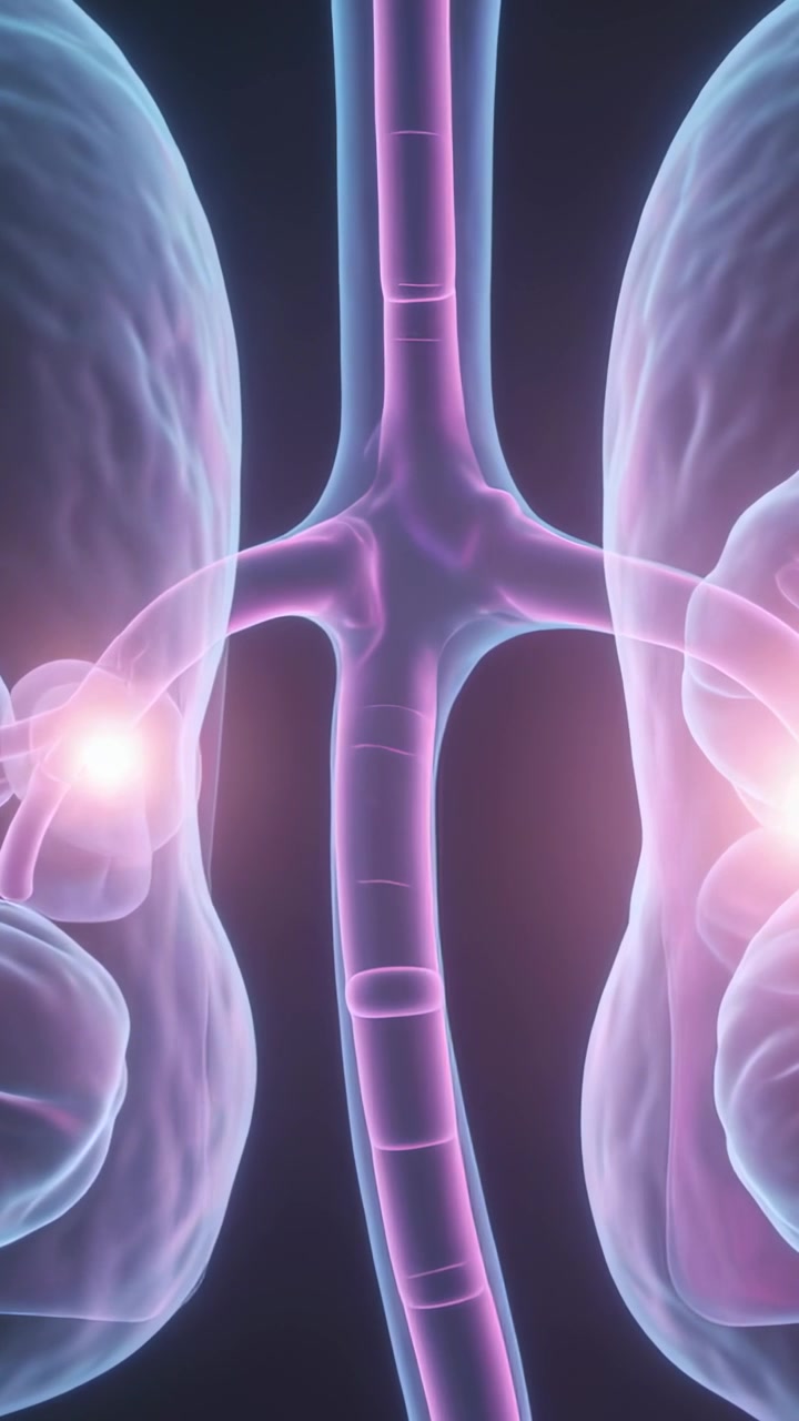 Vertical video: Rising cam showing kidney and column in section, pink dots pulsing emphasizing anato