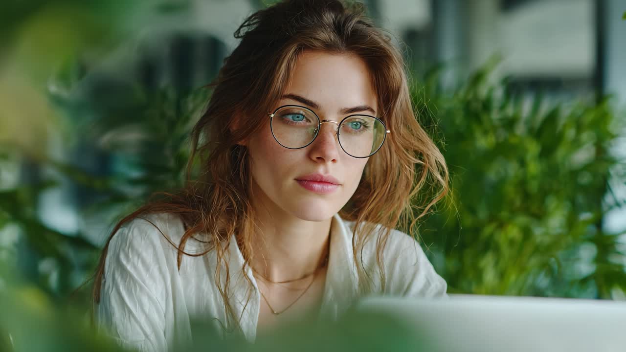 A Serene Moment of Reflection: A Woman in Glasses Deep in Thought Surrounded by Lush Greenery and Gentle Light from a Nearby Laptop