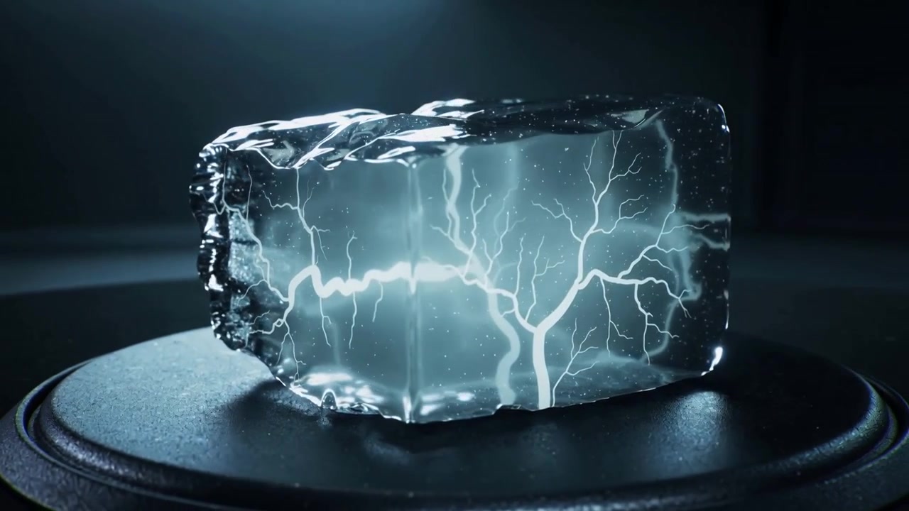 Rotating translucent rectangular ice block revealing left face, pulsing branching veins on pedestal