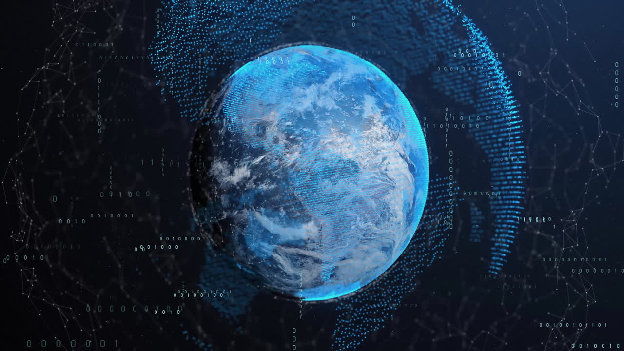 Animation of globes over data processing on black background