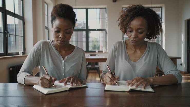 Writing two women wearing light-gray tops leaning at loft workspace with notebooks and pens