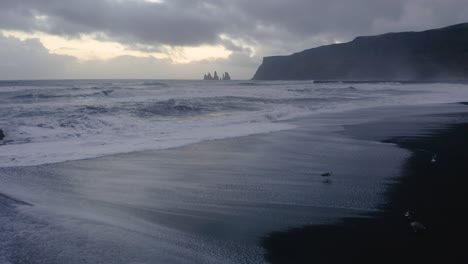 sunset at reynisdrangar basalt columns and waves of atlantic ocean hitting black sand beach at vik - birds finding food in receding waves