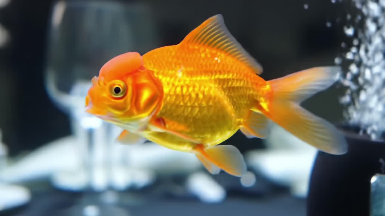 A mesmerizing golden fish gracefully swims through a serene underwater environment, showcasing vibrant orange hues amidst elegant dining aesthetics and clear glass reflections