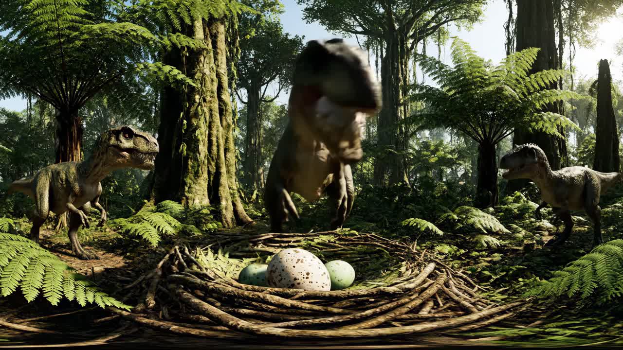 Dinosaurs guarding a nest of eggs in a lush forest
