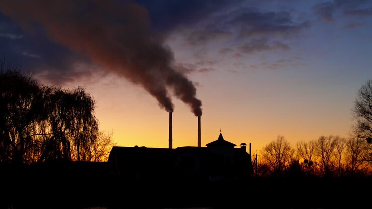 Beautiful autumn sky at sunset with silhouettes of a building, trees and plant pipes. Dark smoke goes up from the pipes.