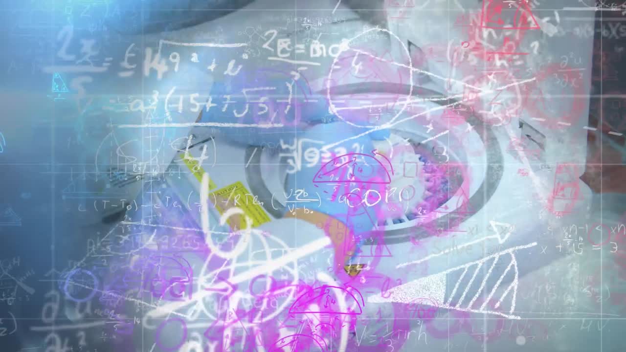 수학적 방정식이 실험실에서 일하는 과학자에 맞서 움직입니다.