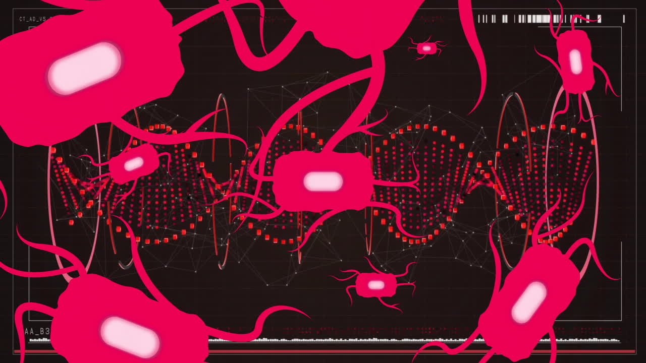 animación de células de virus en el procesamiento de datos con cadena de adn en fondo negro
