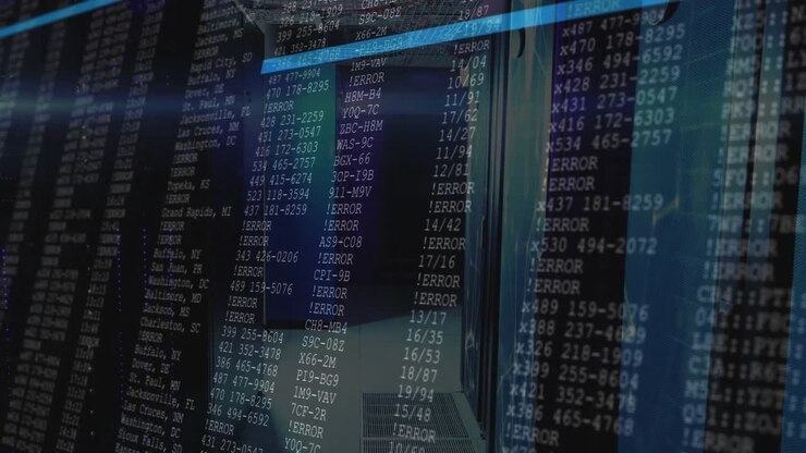 Playback initiating digital overlay scanning logs while camera moving through server aisle to debug