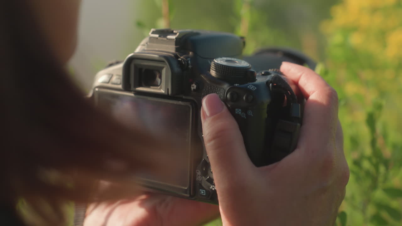 Close up of woman in white hat holding camera with both hands while photographing wildflowers in lush green field under soft sunlight, screen display slightly blurred with vivid yellow blooms