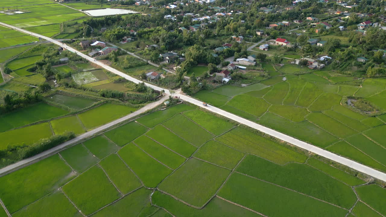 Rice Fields And Roads Near A Luoi Village Central Vietnam Drone Pull Back 4K 30FPS