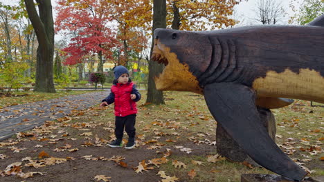 lovely child throwing the chestnuts into the jaws of wooden shark. baby boy in the colorful autumn park.