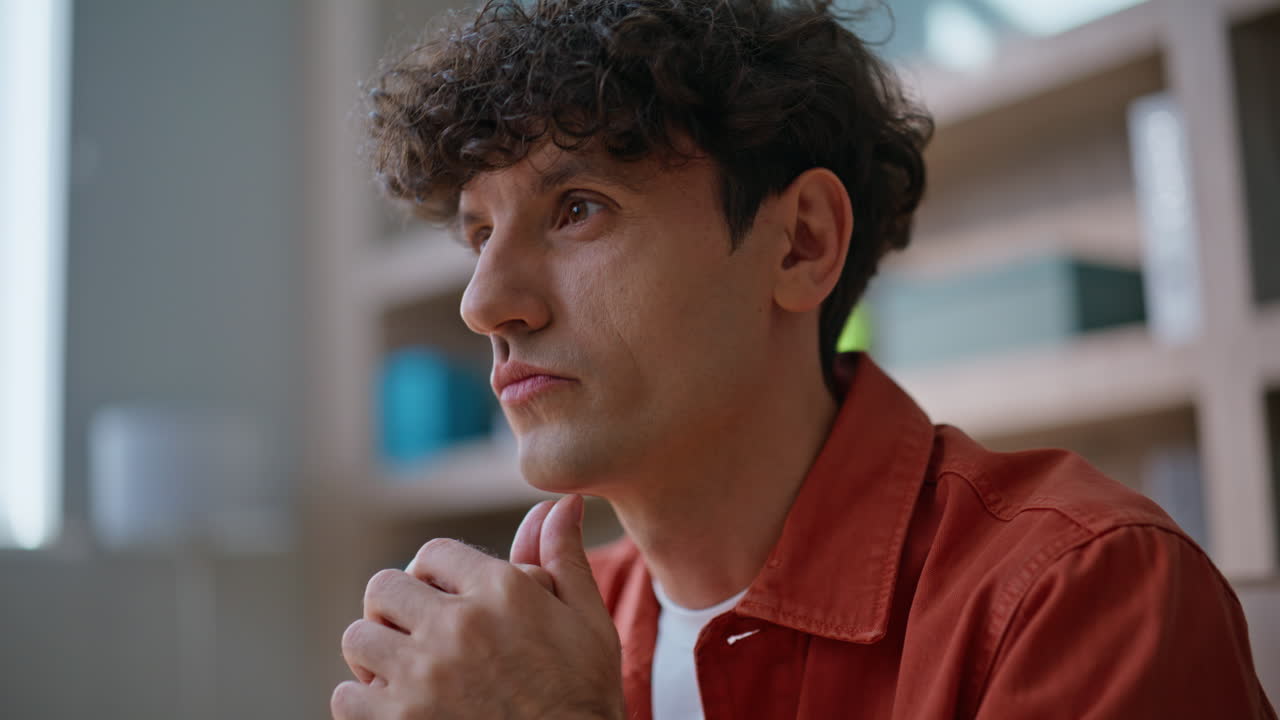 Office manager thinking career sitting workspace closeup. Portrait pensive man