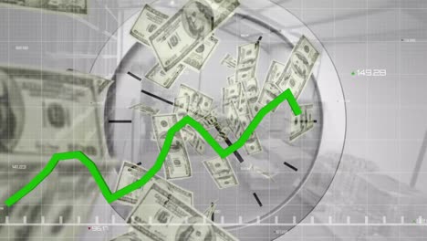 animación del procesamiento de datos financieros con línea verde, reloj y dólares estadounidenses flotantes