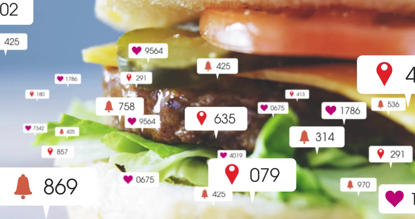 First red pin appearing, stacked burger drawing pin and heart badges, camera zooming for food ad