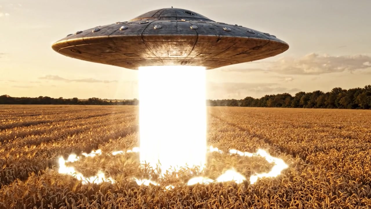 Mysterious UFO Descends Over Golden Wheat Field, Emitting Bright Beams of Light and Creating Circular Patterns on the Ground as It Prepares for an Otherworldly Encounter