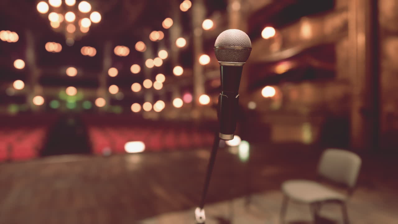 un micrófono en un escenario, listo para una actuación