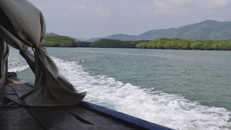 experience a boat ride with views of lush green shores and gentle waves.