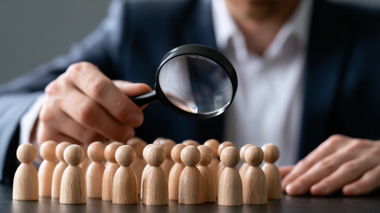 Analyzing Group Dynamics: A Close-Up Observation of Wooden Figurines with a Magnifying Glass, Exploring Interactions and Relationships in a Professional Context.