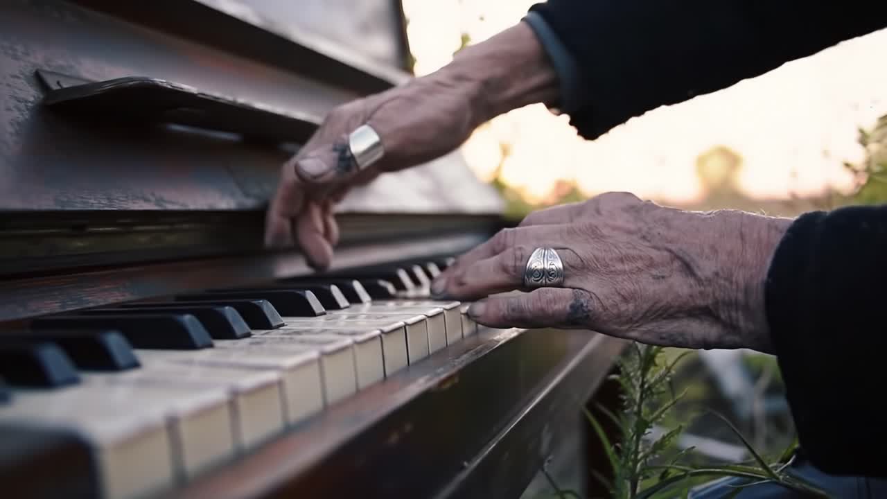 Melodic Expressions at Dusk: A Close-Up of Hands Skillfully Playing an Old Piano Surrounded by Nature's Beauty