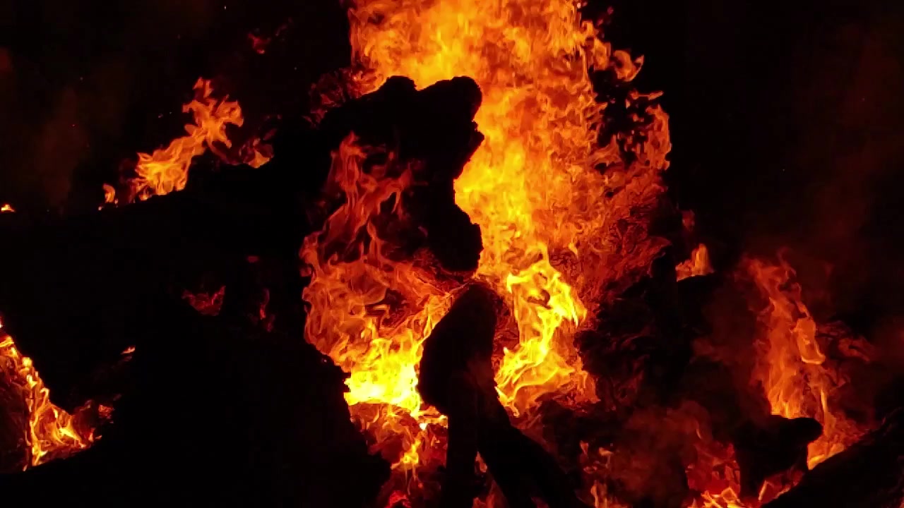 Slow motion close-up of a bonfire celebrating Sant Antoni in Caseres, Terra Alta, Catalonia