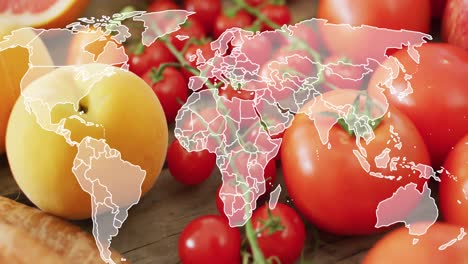 Animation-of-world-map-over-fruits-and-vegetables
