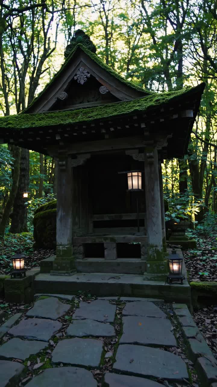 A serene, moss-covered shrine in a forest, captured from a low angle