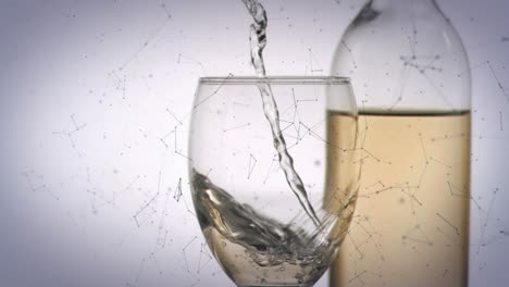 animation of network of connections over glass of wine on white background