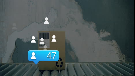 animation of increasing social media notification and people icons over box on conveyor belt