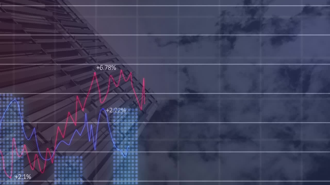 animación del procesamiento de datos estadísticos frente a una vista de ángulo bajo de un edificio alto