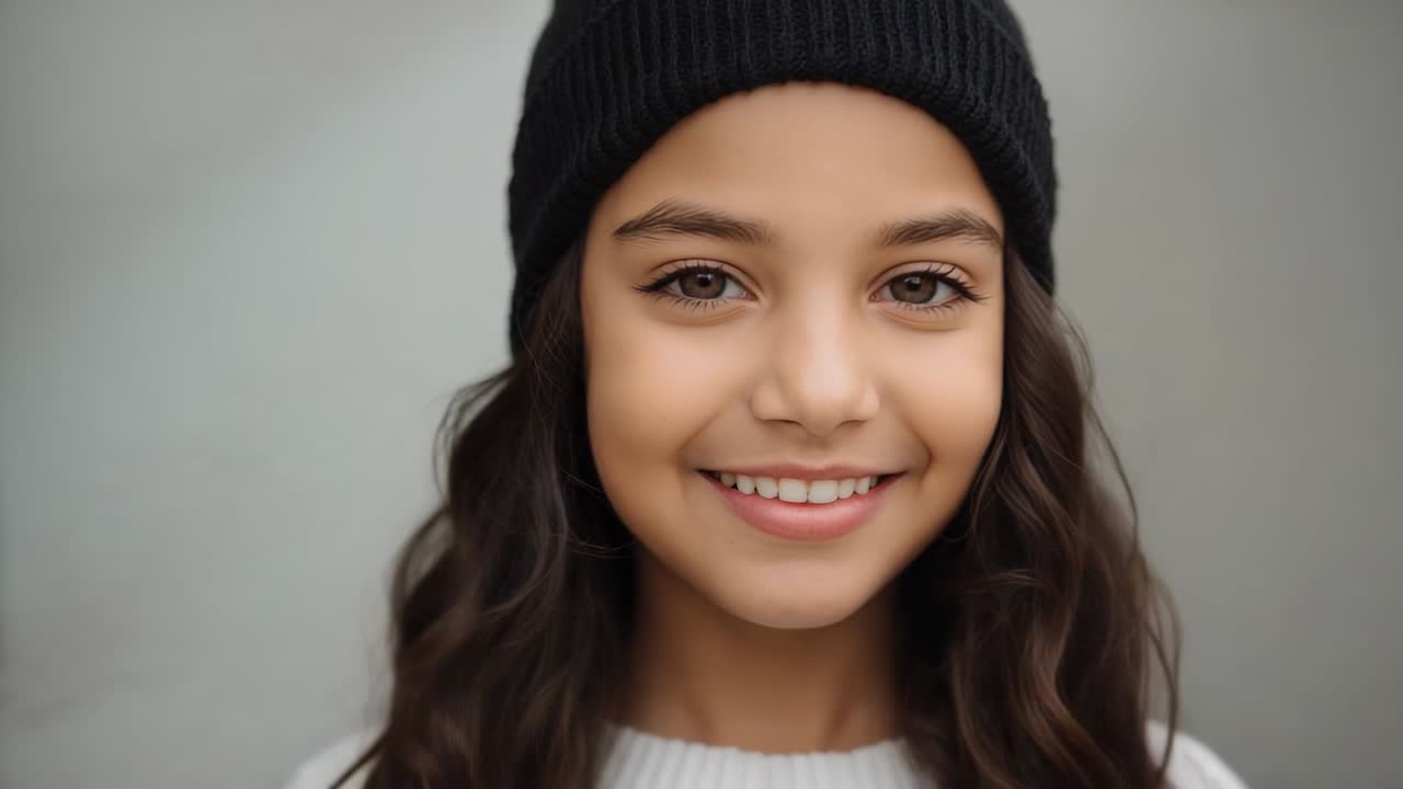 Raising hands, girl adjusting black knit beanie, settling into smile in white sweater on gray wall