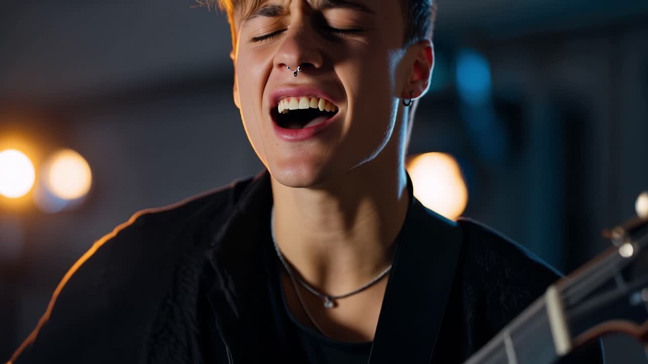 Emotional Young Man Singing and Playing Guitar with Passion