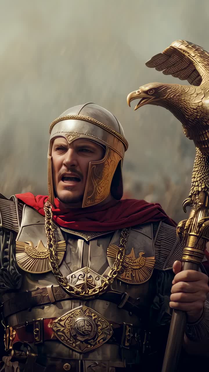 Vertical video: Cam pan urging armored officer turning holding eagle staff at field ordering ranks