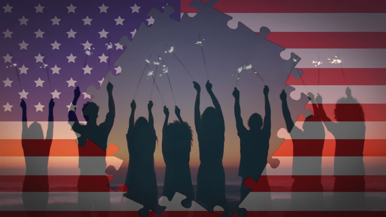Holding sparklers, silhouetted people standing over American flag puzzle animation
