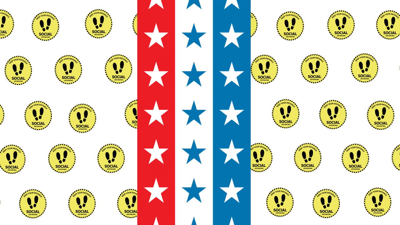 사회적 거리두기 아이콘과  ⁇ 색 배경에 있는 다채로운 줄무 ⁇ 의 애니메이션