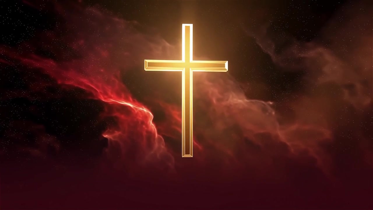 Croix chrétienne, lumière céleste, fond de culte.