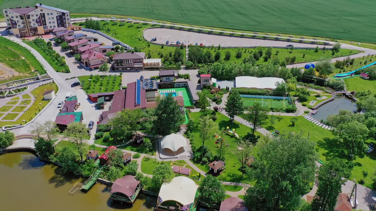 Suburb luxury complex. Aerial view of typical resort complex in suburban