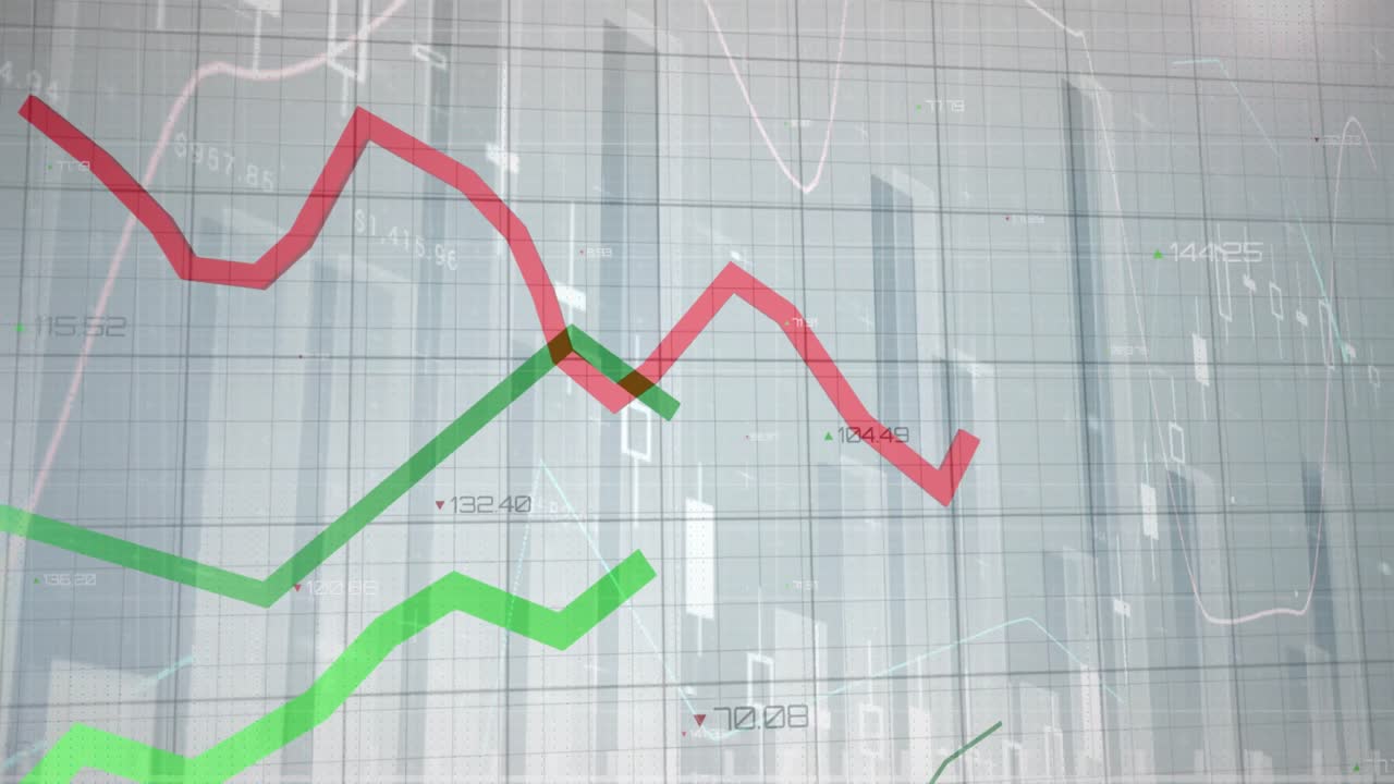 Digital animation of statistical data processing over grid network against blue background