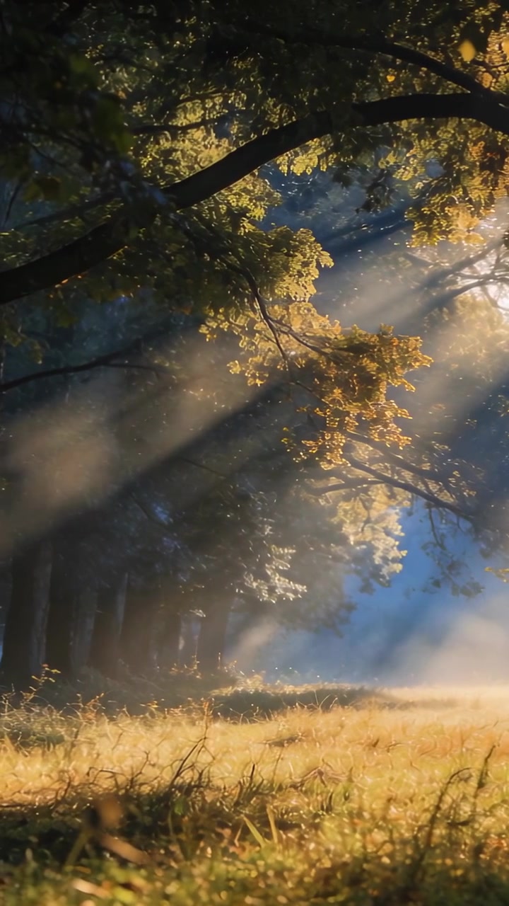 Vertical video: Rising sun sending angled rays via limb and lighting mist showing trees in meadow