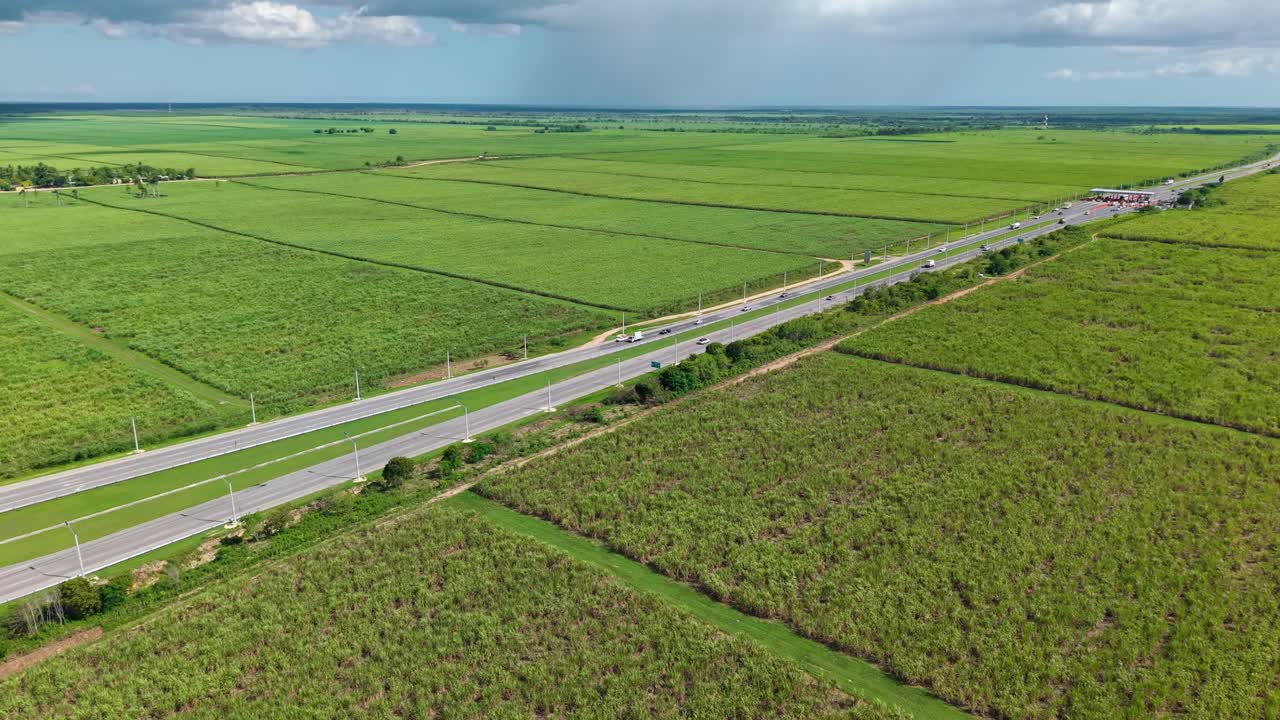 Vehicle driving on Autopista del Coral highway, surrounded by vast sugarcane fields, Dominican Republic. Aerial drone