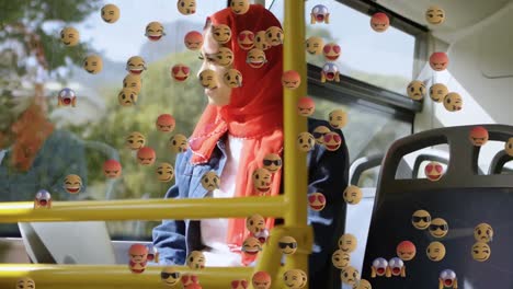 animation of falling social media icons and emojis over woman in hijab