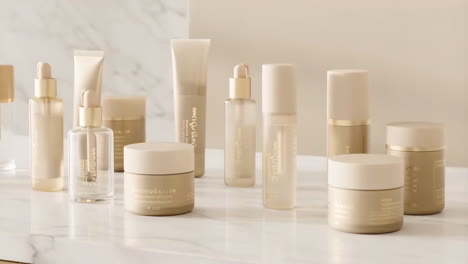 collection of skincare and cosmetic products on a marble surface
