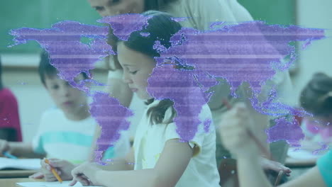 children studying in classroom with digital world map overlay animation