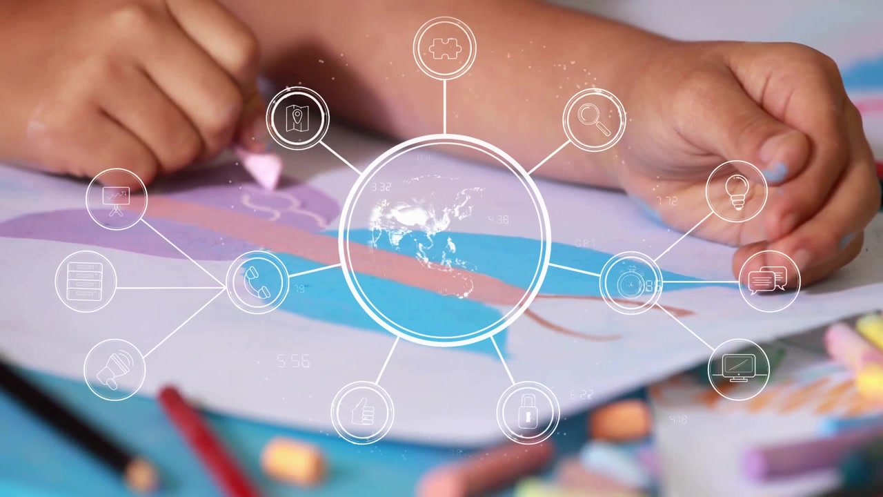 En la escuela, un niño dibuja con tizas de colores; animación de iconos de red digital.