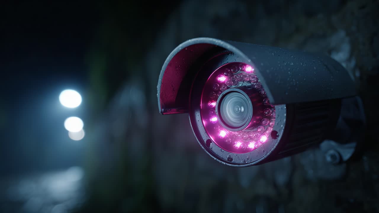 Surveillance Camera with Infrared Lighting Captured in Night Setting, Showcasing High-Tech Security with Surrounding Bokeh Effect and Moisture on Lens