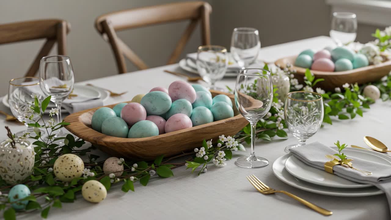 A Beautifully Set Table with Colorful Easter Eggs and Elegant Decor Featuring Greenery, Glassware, and Contemporary Tableware for a Festive Gathering