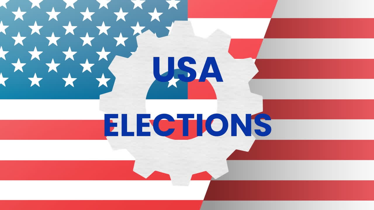 Animation of usa elections text and cog wheel over flag of america