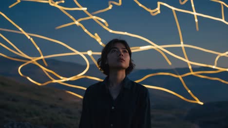 woman gazing at light trails in the night