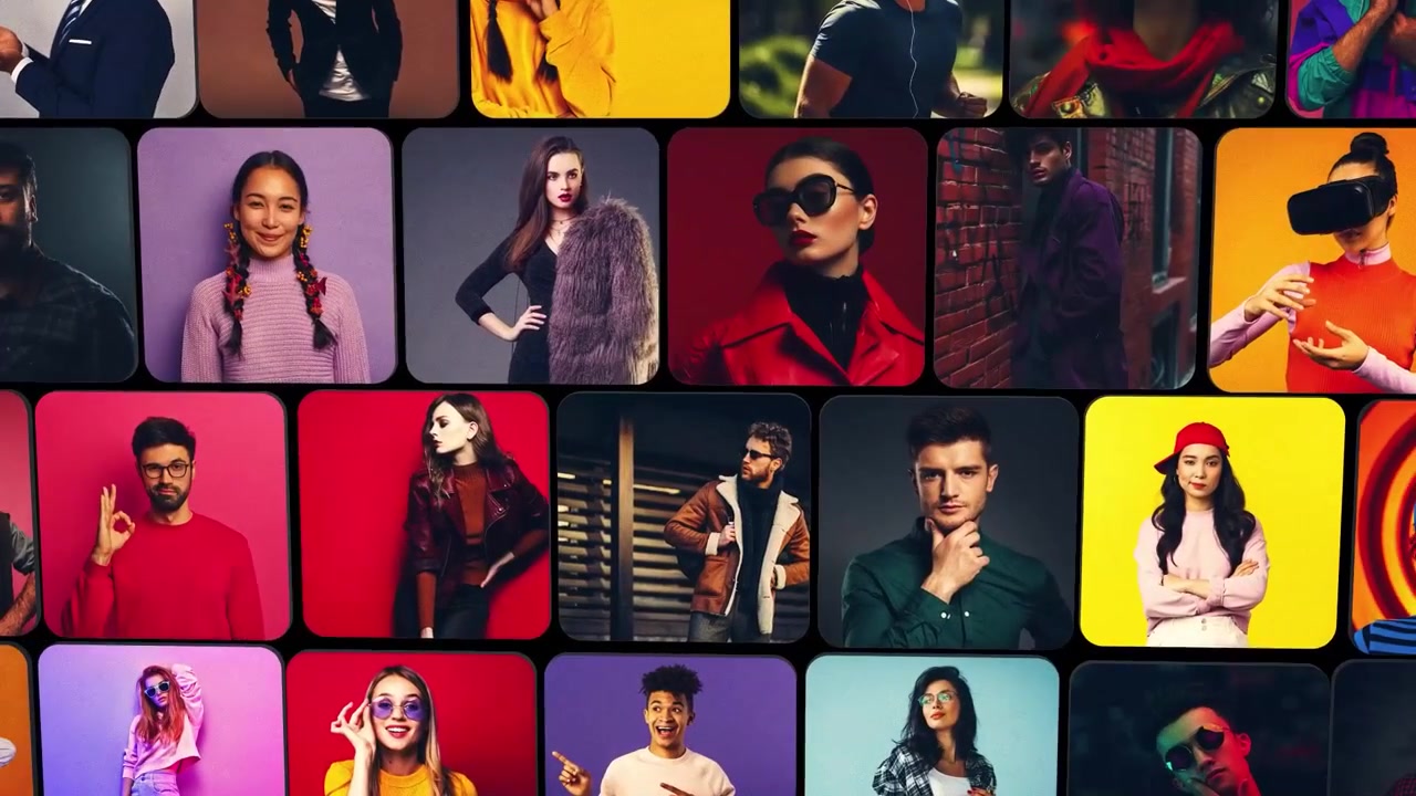Cuadrícula dinámica de retratos de personas diversas formando una revelación de logotipo