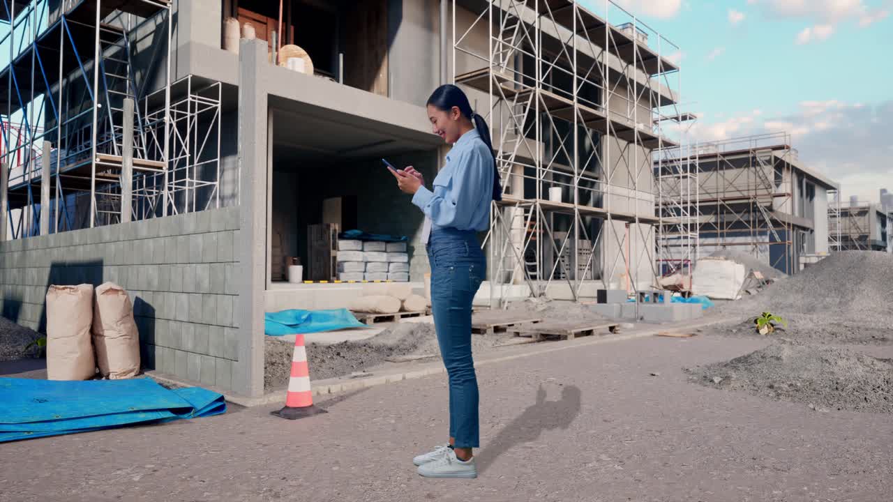 Full Body Side View Of Asian Female With Her Phone At Construction Site in Progress to New House, Working Continuously With Her Phone