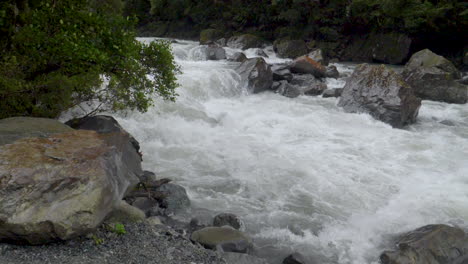 slow motion footage of rushing river rapids after a storm with shoreline - milford sound , new zealand